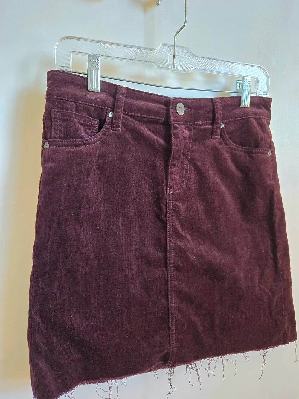 Kut from the Kloth Distressed Hem Corduroy Mini Skirt in Burgundy